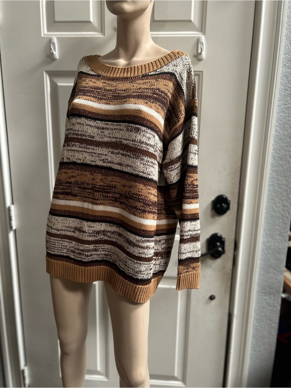 Style & Co women’s Boatneck Shine Striped Brown and Cream Women's Knit Sweater